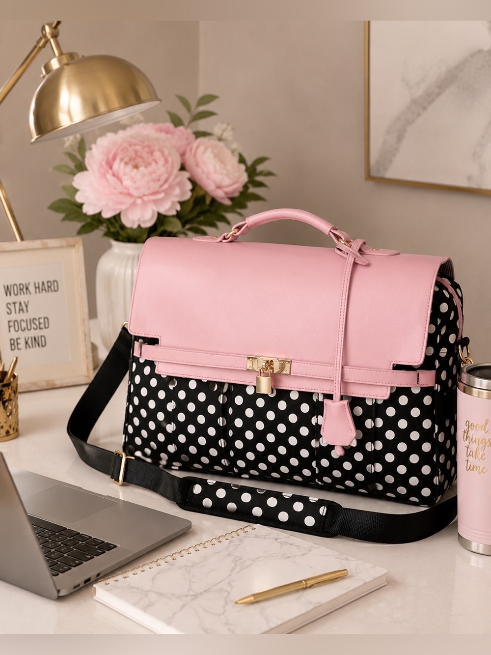 15.6” Pink Polka Dot Laptop Briefcase Messenger Bag USB Work Travel Office Tote - Picture 2 of 7